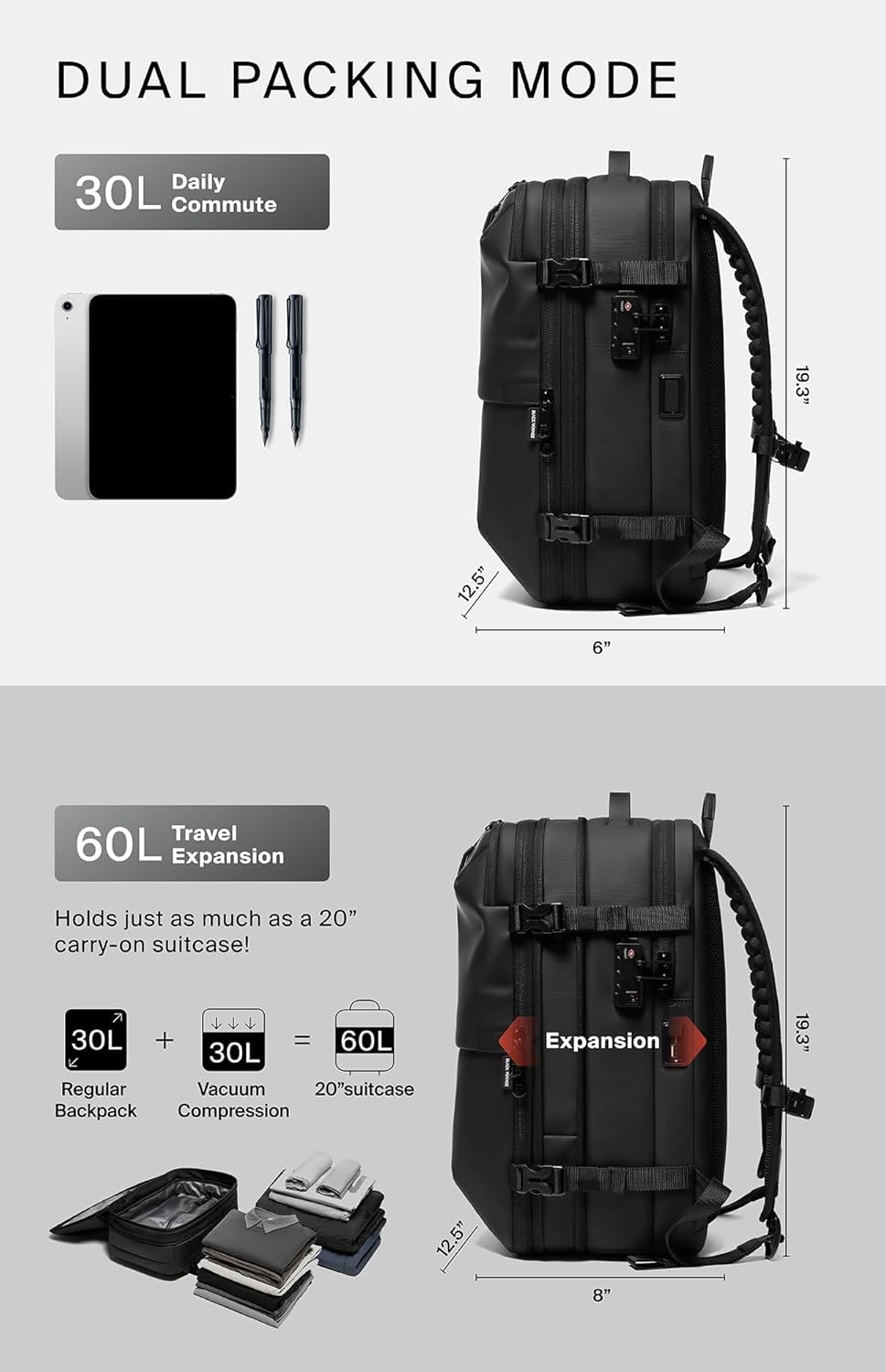 60L Expandable Vacuum Compression Travel Backpack with TSA Lock