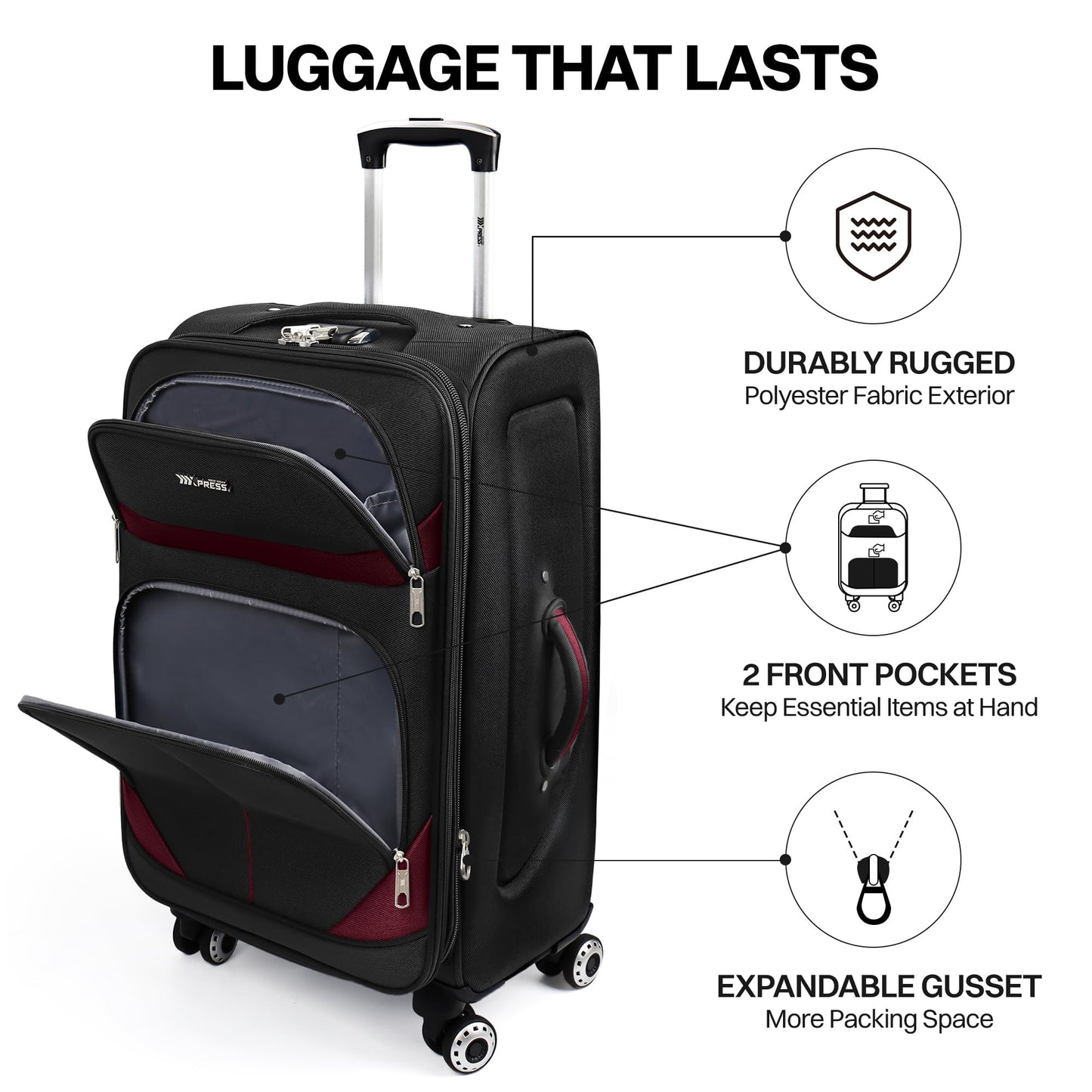 3-Piece Expandable Softside Luggage Set with Spinner Wheels and Lock
