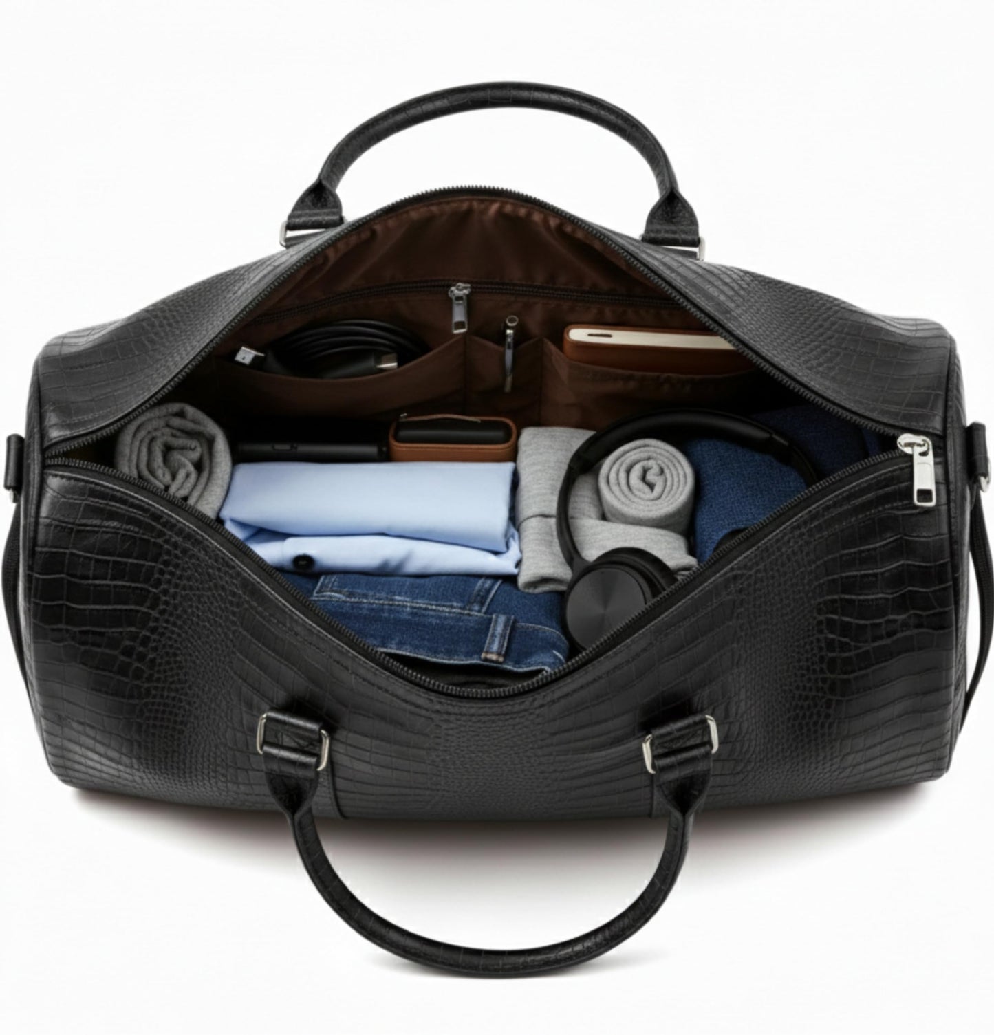 Premium Leather Weekender Duffel Bag with Adjustable Shoulder Strap