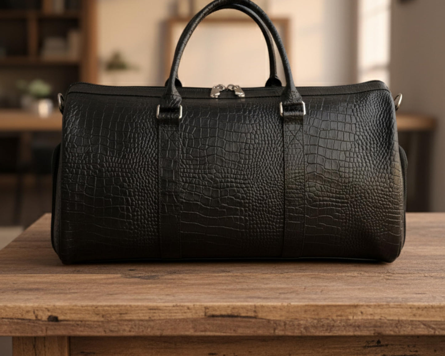 Premium Leather Weekender Duffel Bag with Adjustable Shoulder Strap